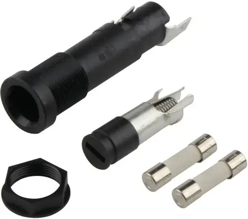 BOSCH Sicherungshalter in Schwarz mit zwei Glassicherungen (5x20 mm) und Zubehörteilen. Ideal für elektrische Installationen.